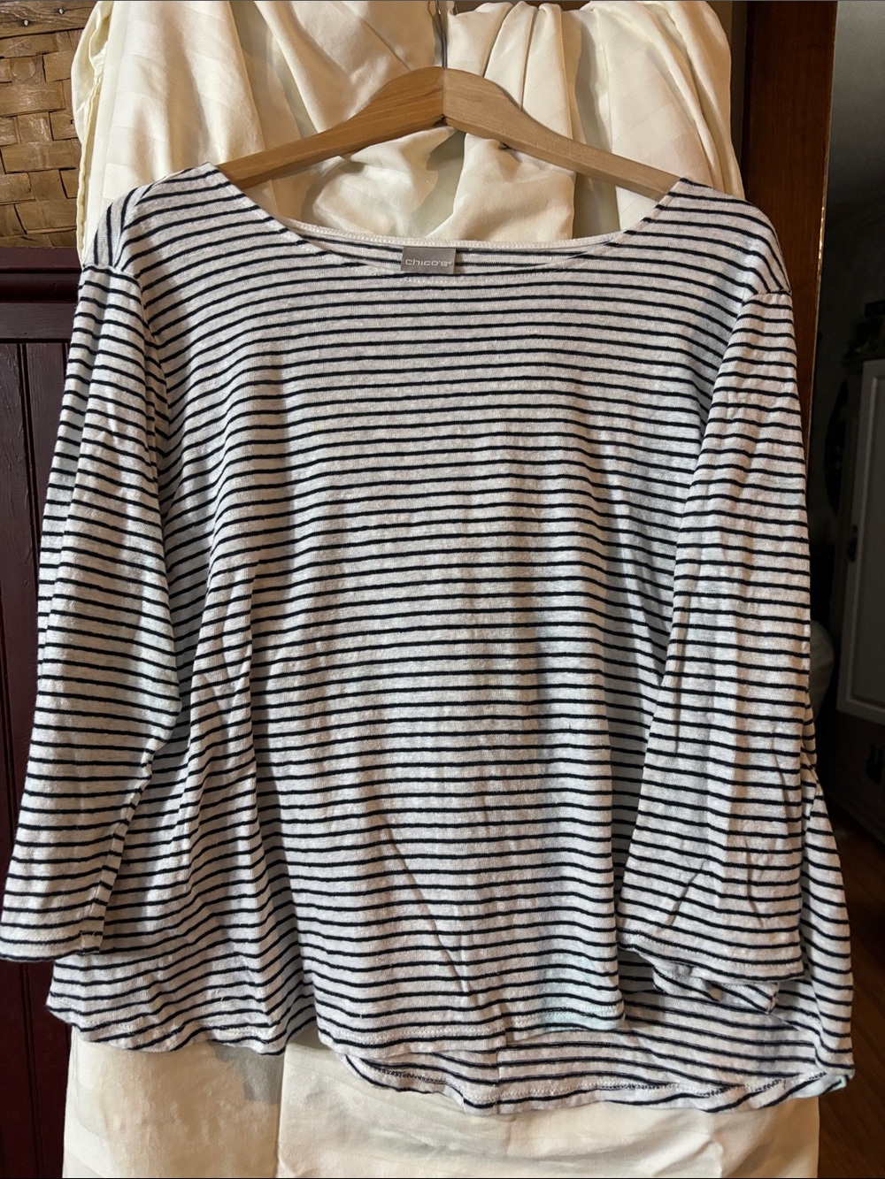 Chico's White and Black Striped Long Sleeve Boatneck Top w/ buttons on back